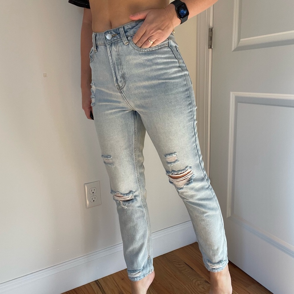 High Waist Straight Leg Ripped Bleached Blue Jeans - Picture 2 of 8